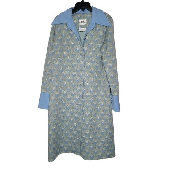 Vintage Mize Modes Blue Geometric Coat Dress Polyester Large/ XL Buttons Collar - Picture 1 of 7